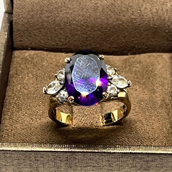Vintage 14k HGE Faux Amethyst February Birthstone Sz 8‎ Ring 1980s Estate - Picture 1 of 6